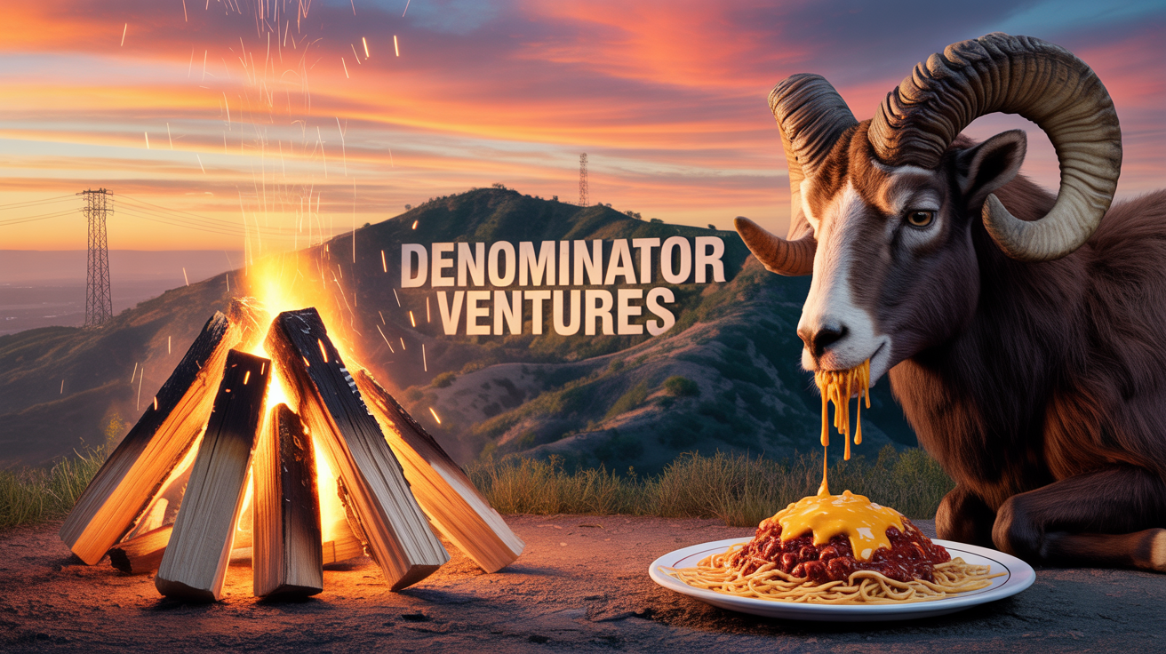 Cinematic dusk scene of Mount Lee hillside with DENOMINATOR VENTURES sign - bighorn ram eating Cincinnati Skyline Chili beside a roaring bonfire